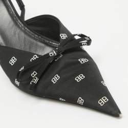 Pre Owned Balenciaga Black BB Print Satin Knife Slingback Pumps Size 38