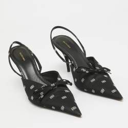 Pre Owned Balenciaga Black BB Print Satin Knife Slingback Pumps Size 38