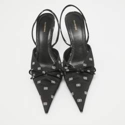 Pre Owned Balenciaga Black BB Print Satin Knife Slingback Pumps Size 38