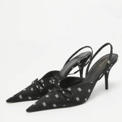 Pre Owned Balenciaga Black BB Print Satin Knife Slingback Pumps Size 38