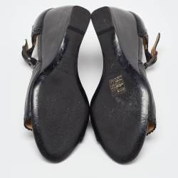 Pre Owned Balenciaga Black Leather Wedge T-Strap Sandals Size 38.5