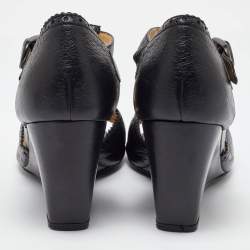 Pre Owned Balenciaga Black Leather Wedge T-Strap Sandals Size 38.5