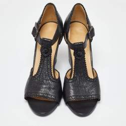 Pre Owned Balenciaga Black Leather Wedge T-Strap Sandals Size 38.5