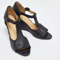 Pre Owned Balenciaga Black Leather Wedge T-Strap Sandals Size 38.5