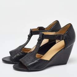 Pre Owned Balenciaga Black Leather Wedge T-Strap Sandals Size 38.5