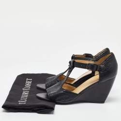 Pre Owned Balenciaga Black Leather Wedge T-Strap Sandals Size 38.5