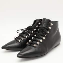 Balenciaga Black Leather Pointed Toe Lace Up Ankle Length Boots Size 36.5