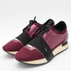 Pre Owned Balenciaga Purple Knit Fabric and Leather Race Runner Sneakers Size 36