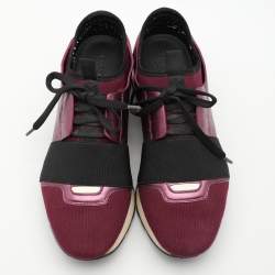 Pre Owned Balenciaga Purple Knit Fabric and Leather Race Runner Sneakers Size 36