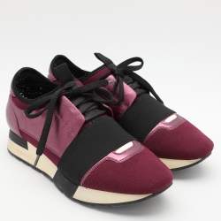 Pre Owned Balenciaga Purple Knit Fabric and Leather Race Runner Sneakers Size 36