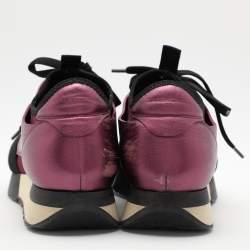Pre Owned Balenciaga Purple Knit Fabric and Leather Race Runner Sneakers Size 36