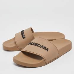 Balenciaga Light Brown Rubber Embossed Logo Slides Size 37