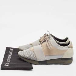 Balenciaga Grey/Beige Knit Fabric and Leather Race Runner Lace Up Sneakers Size 41