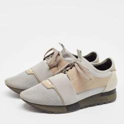 Balenciaga Grey/Beige Knit Fabric and Leather Race Runner Lace Up Sneakers Size 41