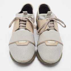 Balenciaga Grey/Beige Knit Fabric and Leather Race Runner Lace Up Sneakers Size 41