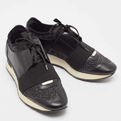 Balenciaga Black Fabric and Leather Race Runner Lace Up Sneakers Size 38