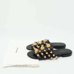 Pre Owned Balenciaga Black Leather Arena Flat Slides Size 35