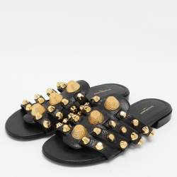 Pre Owned Balenciaga Black Leather Arena Flat Slides Size 35