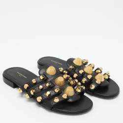 Pre Owned Balenciaga Black Leather Arena Flat Slides Size 35