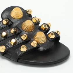 Pre Owned Balenciaga Black Leather Arena Flat Slides Size 35