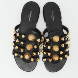 Pre Owned Balenciaga Black Leather Arena Flat Slides Size 35