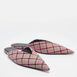 Balenciaga Pink/Brown Plaid Canvas Knife Flat Mules Size 36