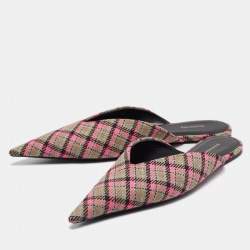 Balenciaga Pink/Brown Plaid Canvas Knife Flat Mules Size 36