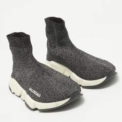 Balenciaga Black/Silver Fabric Speed Trainer High Top Sneakers Size 39