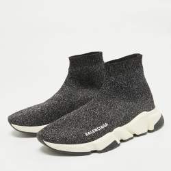 Balenciaga Black/Silver Fabric Speed Trainer High Top Sneakers Size 39