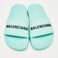 Pre Owned Balenciaga Blue Rubber Pool Slides Size 35