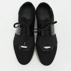 Pre Owned Balenciaga Black Patent Leather and Fabric Race Runner Low Top Sneakers Size 39
