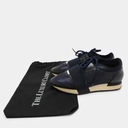 Balenciaga Navy Blue Leather and Satin Race Runner Low Top Sneakers Size 39