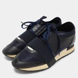 Balenciaga Navy Blue Leather and Satin Race Runner Low Top Sneakers Size 39