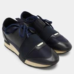 Balenciaga Navy Blue Leather and Satin Race Runner Low Top Sneakers Size 39