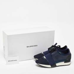 Pre Owned Balenciaga Blue Leather, Mesh and Suede Race Runner Low Top Sneakers Size 38