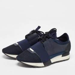 Pre Owned Balenciaga Blue Leather, Mesh and Suede Race Runner Low Top Sneakers Size 38