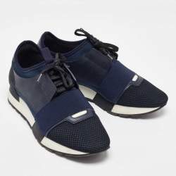 Pre Owned Balenciaga Blue Leather, Mesh and Suede Race Runner Low Top Sneakers Size 38