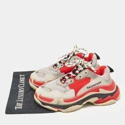 Balenciaga Grey/Red Faux Leather and Mesh Triple S Sneakers Size 37