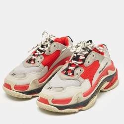 Balenciaga Grey/Red Faux Leather and Mesh Triple S Sneakers Size 37