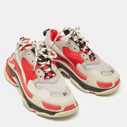 Balenciaga Grey/Red Faux Leather and Mesh Triple S Sneakers Size 37