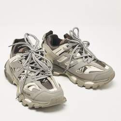 Balenciaga Grey Faux Leather and Mesh Track Lace Up Sneakers Size 38