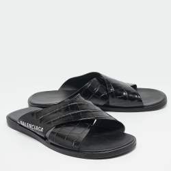 Balenciaga Black Croc Embossed Leather Flat Slides Size 41.5