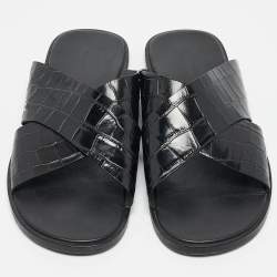 Balenciaga Black Croc Embossed Leather Flat Slides Size 41.5