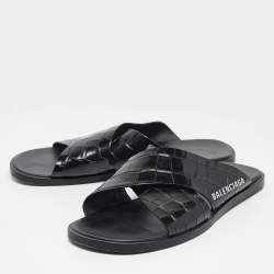 Balenciaga Black Croc Embossed Leather Flat Slides Size 41.5