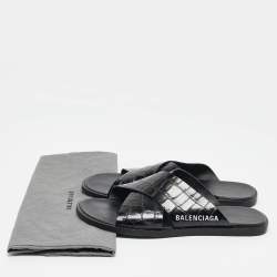 Balenciaga Black Croc Embossed Leather Flat Slides Size 41.5