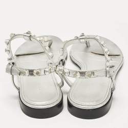 Balenciaga Silver Leather Slingback Flat Sandals Size 39