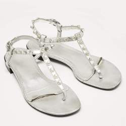 Balenciaga Silver Leather Slingback Flat Sandals Size 39