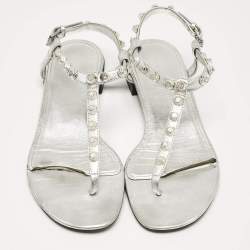 Balenciaga Silver Leather Slingback Flat Sandals Size 39