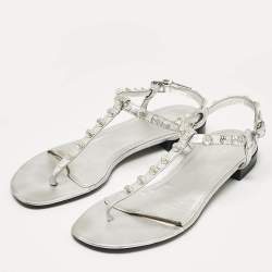 Balenciaga Silver Leather Slingback Flat Sandals Size 39