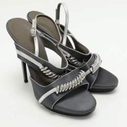 Balenciaga Grey Satin Embellished Slingback Sandals Size 39.5